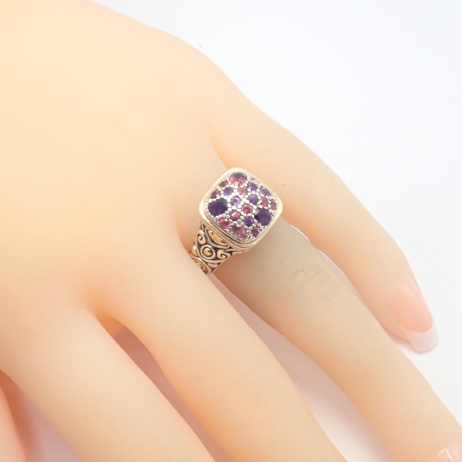 John Hardy JH Silver 18k Yellow Gold Classic Lava Fire Amethyst Tourmaline Ring | Fortrove