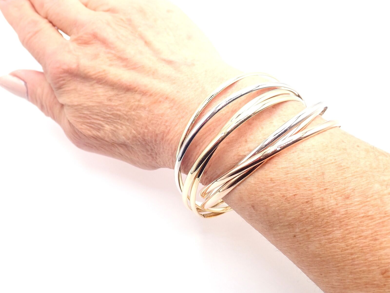 Authentic! Vintage Cartier 18k Tricolor Gold 7 Band Trinity Bangle Bracelet | Fortrove