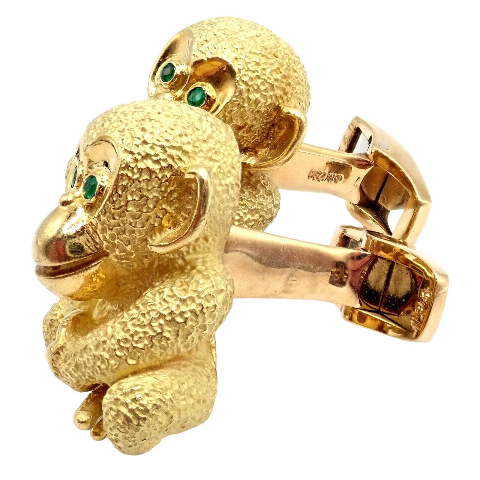 Authentic Kurt Wayne 18k Yellow Gold Emerald Whimsical Monkey Cufflinks | Fortrove