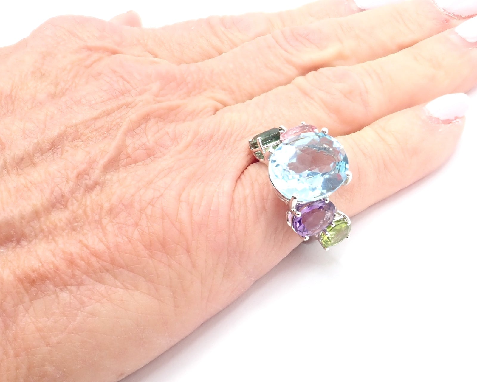 Authentic! Asprey Chaos 18k White Gold Topaz Tourmaline Peridot Amethyst Ring | Fortrove