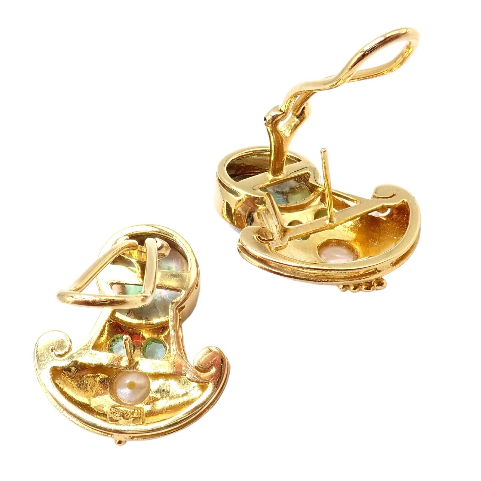 Rare! Vintage Paula Crevoshay 18k Gold Abalone Pearl Blue Gemstone Earrings OOAK | Fortrove