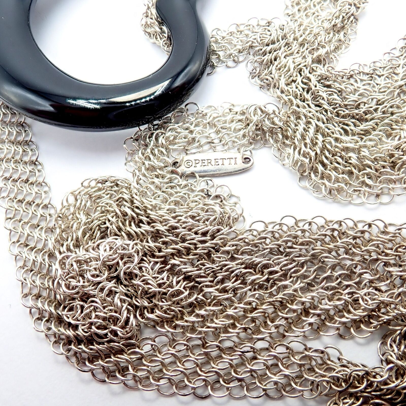 Tiffany & Co Silver Peretti 35mm Large Open Onyx Heart Pendant 28" Mesh Necklace | Fortrove