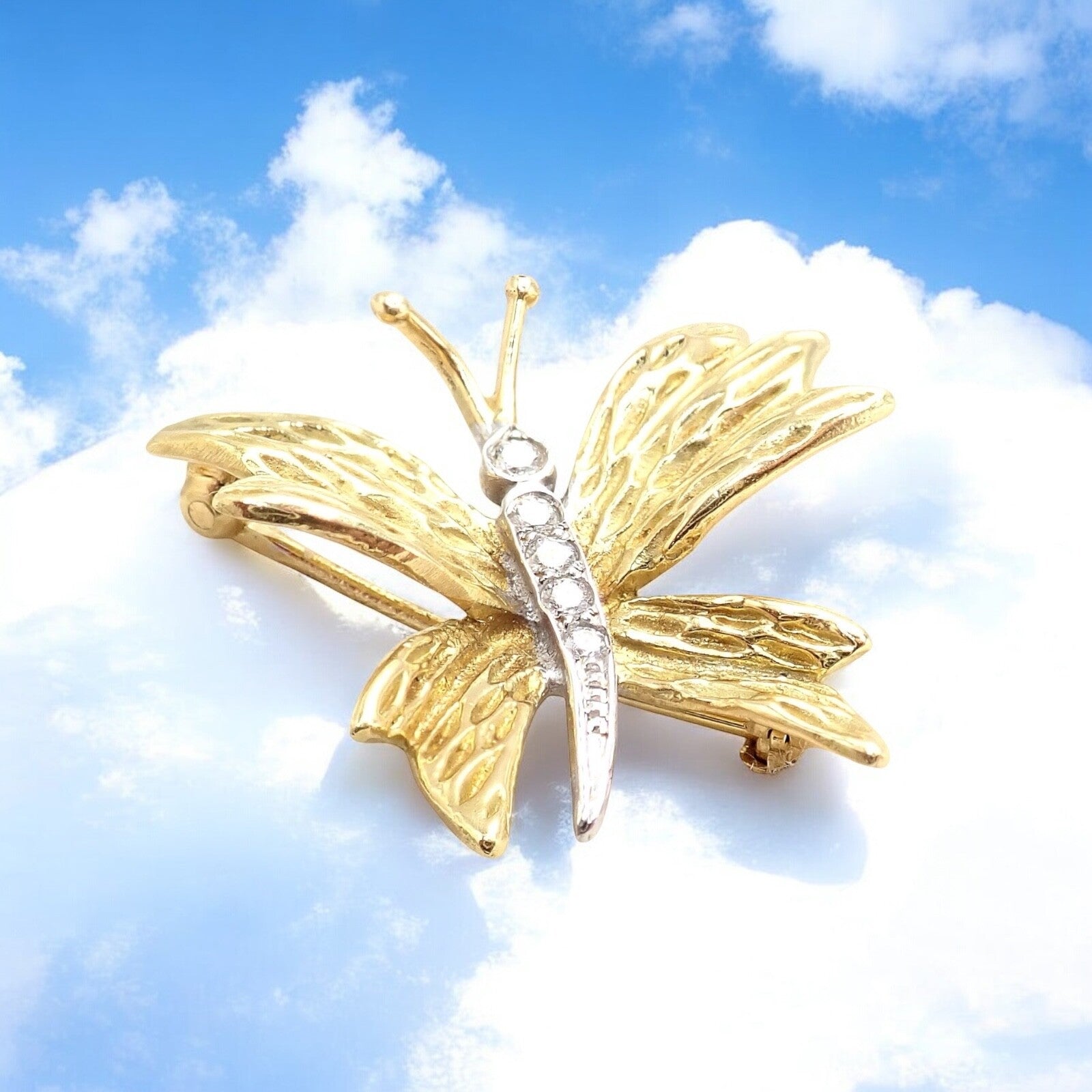 Authentic! Tiffany & Co 18k Yellow Gold Platinum Butterfly Diamond Pin Brooch | Fortrove