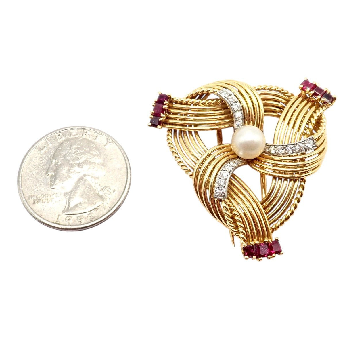 Vintage Cartier 18k Yellow Gold Diamond Ruby Pearl Pin Brooch 1960s | Fortrove