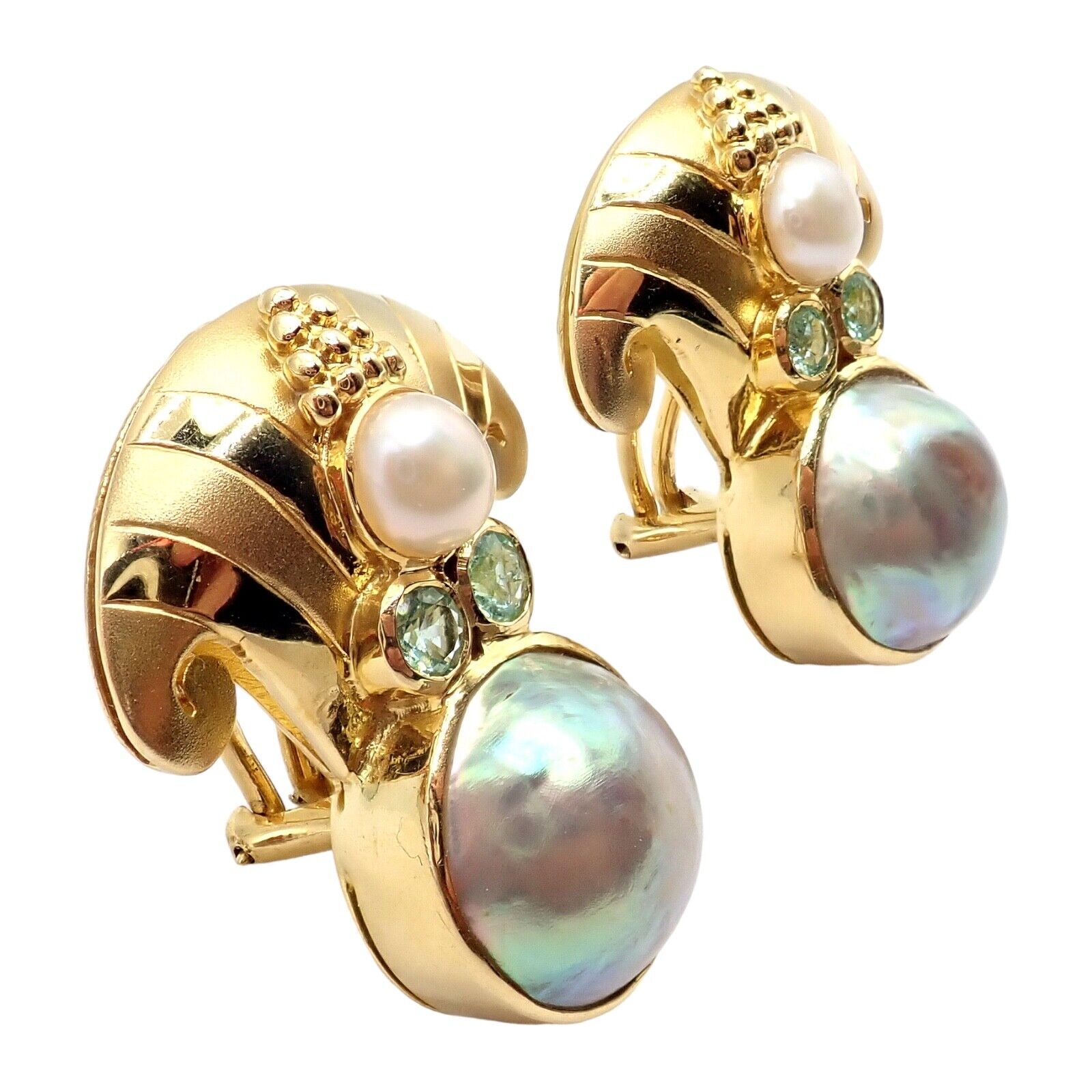 Rare! Vintage Paula Crevoshay 18k Gold Abalone Pearl Blue Gemstone Earrings OOAK | Fortrove