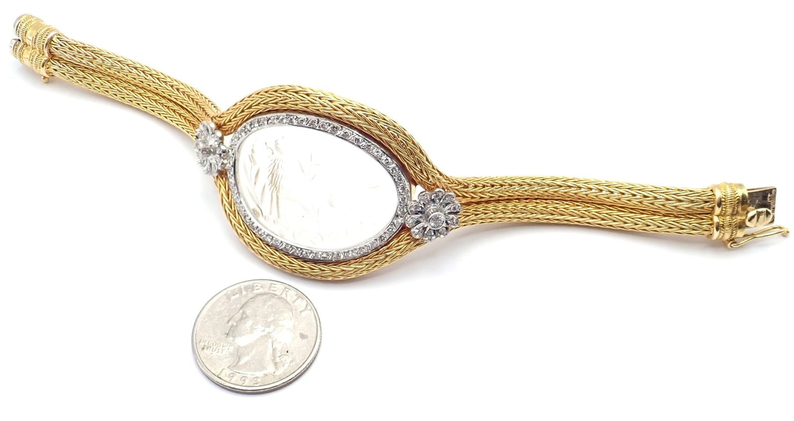 Authentic! Ilias Lalaounis 18k Yellow Gold Diamond Rock Crystal Bangle Bracelet | Fortrove