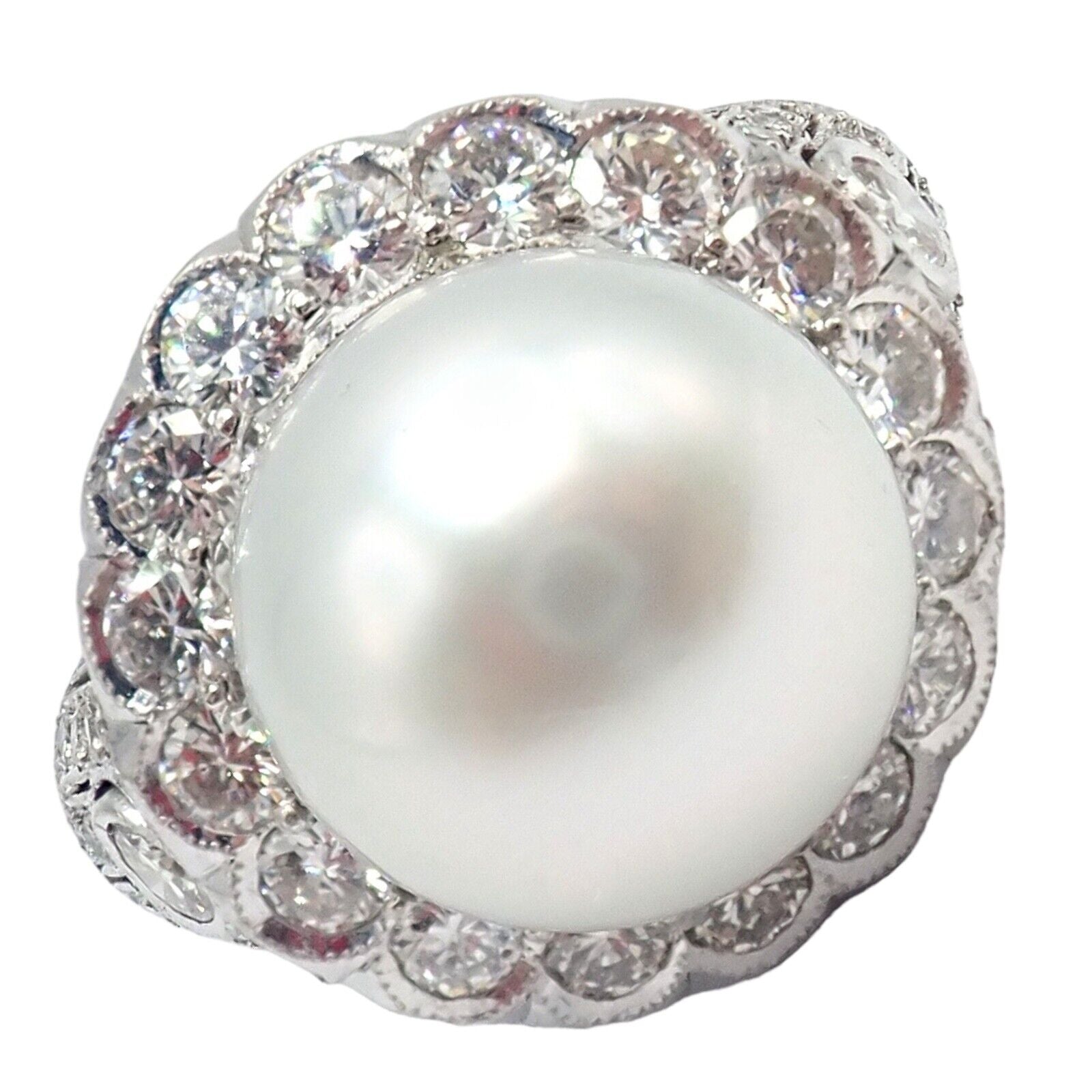 Vintage Estate 18k White Gold Diamond 12.5mm Pearl Cocktail Ring | Fortrove