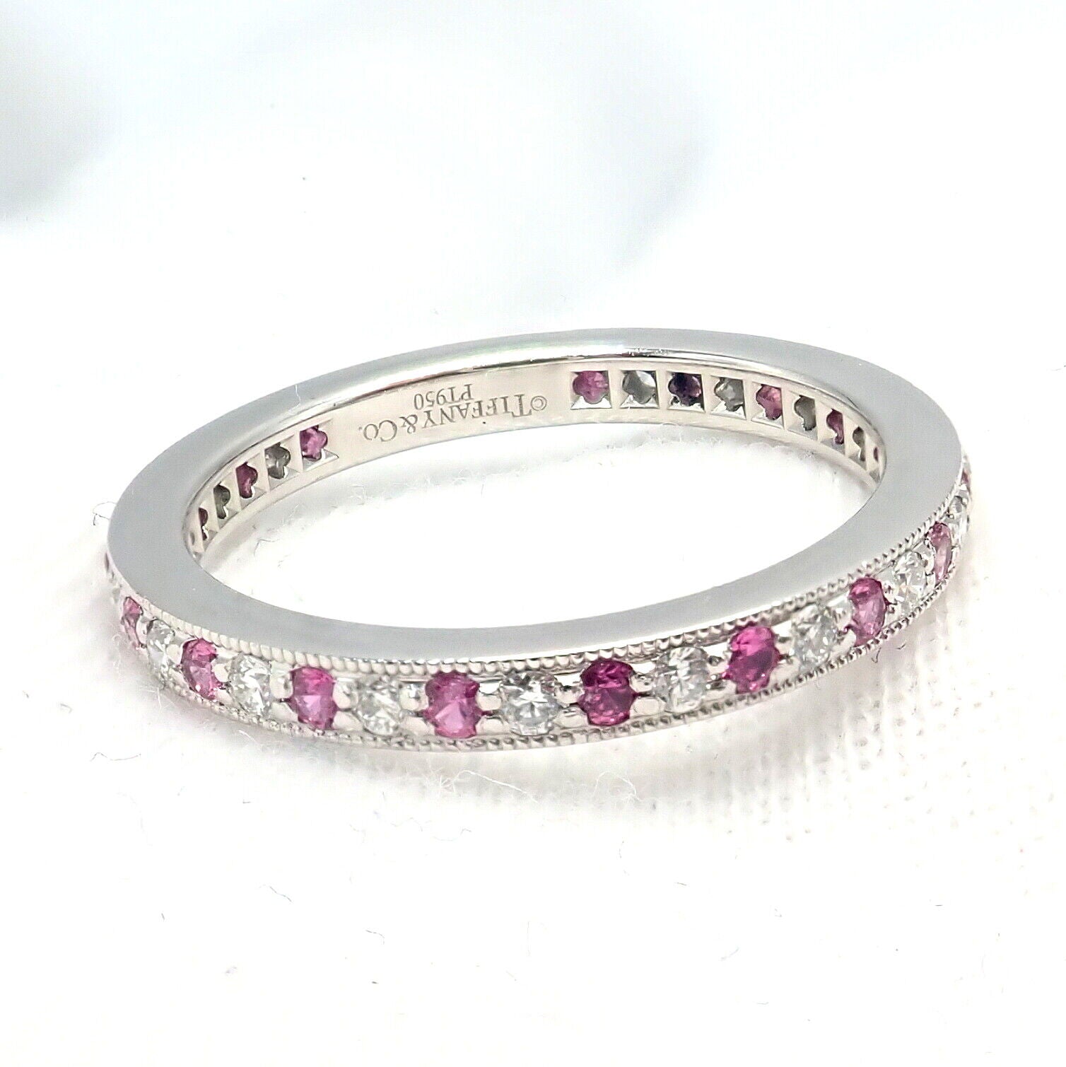 Tiffany & Co Platinum Diamond Pink Sapphire Milgrain 2.5mm Band Ring sz 5.75 | Fortrove