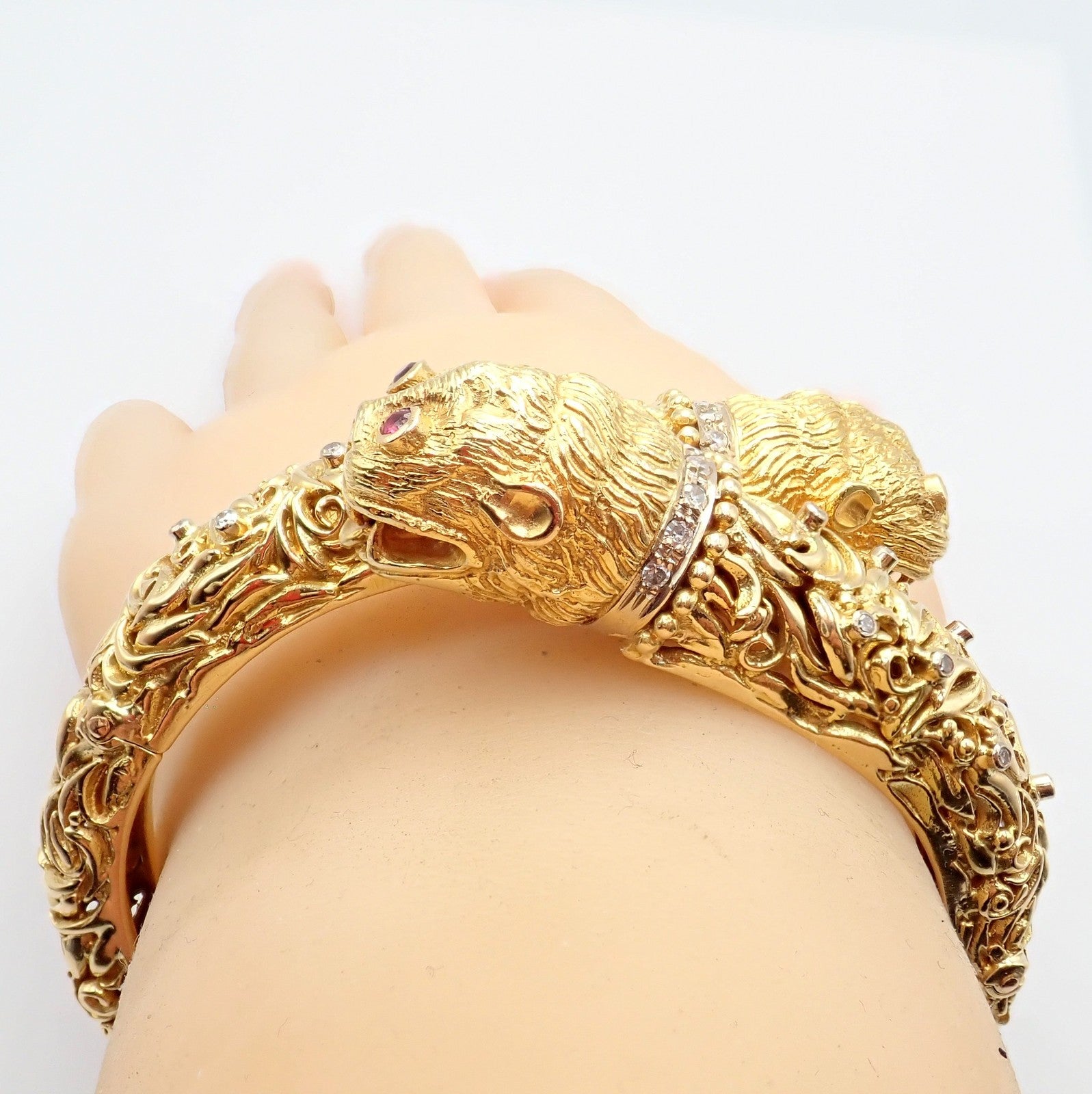 Rare Ilias Lalaounis 18k Yellow Gold Double Chimera Diamond Ruby Bangle Bracelet | Fortrove