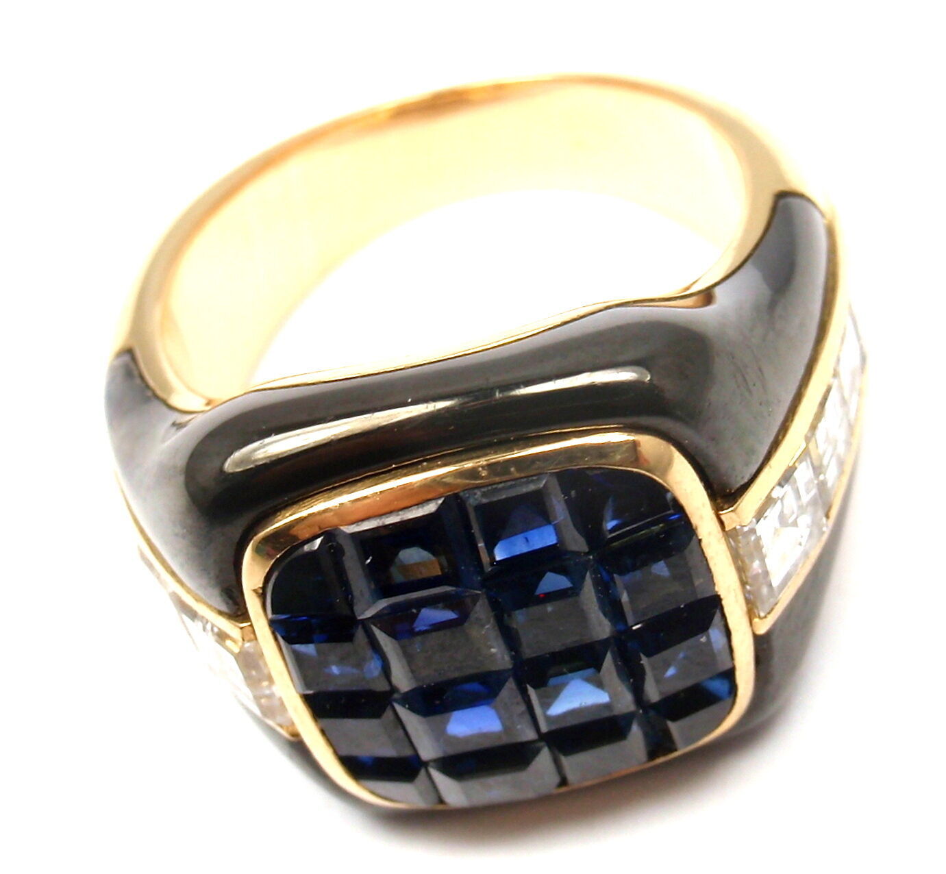 Piaget Jewelry & Watches:Fine Jewelry:Rings Authentic! Piaget 18k Yellow Gold Diamond Invisible Set Sapphire Enamel Ring