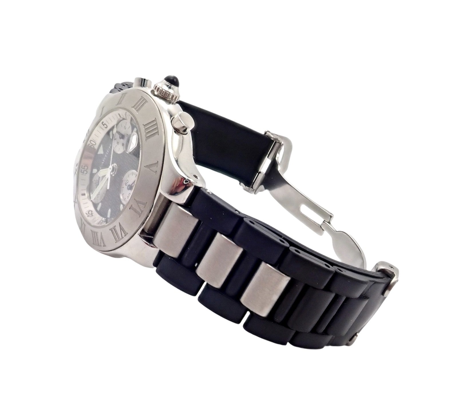 Authentic! Cartier Stainless Steel Chronograph 21 Quartz Rubber Band Watch | Fortrove