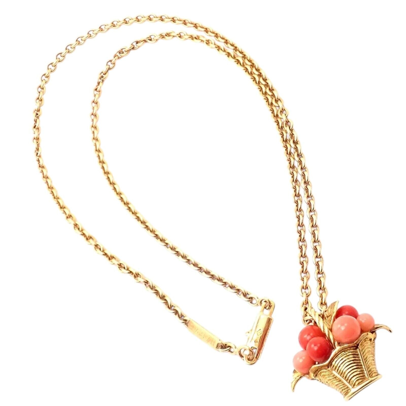 Authentic Van Cleef & Arpels 18k Gold Coral Bead Fruit Basket Pendant Necklace | Fortrove