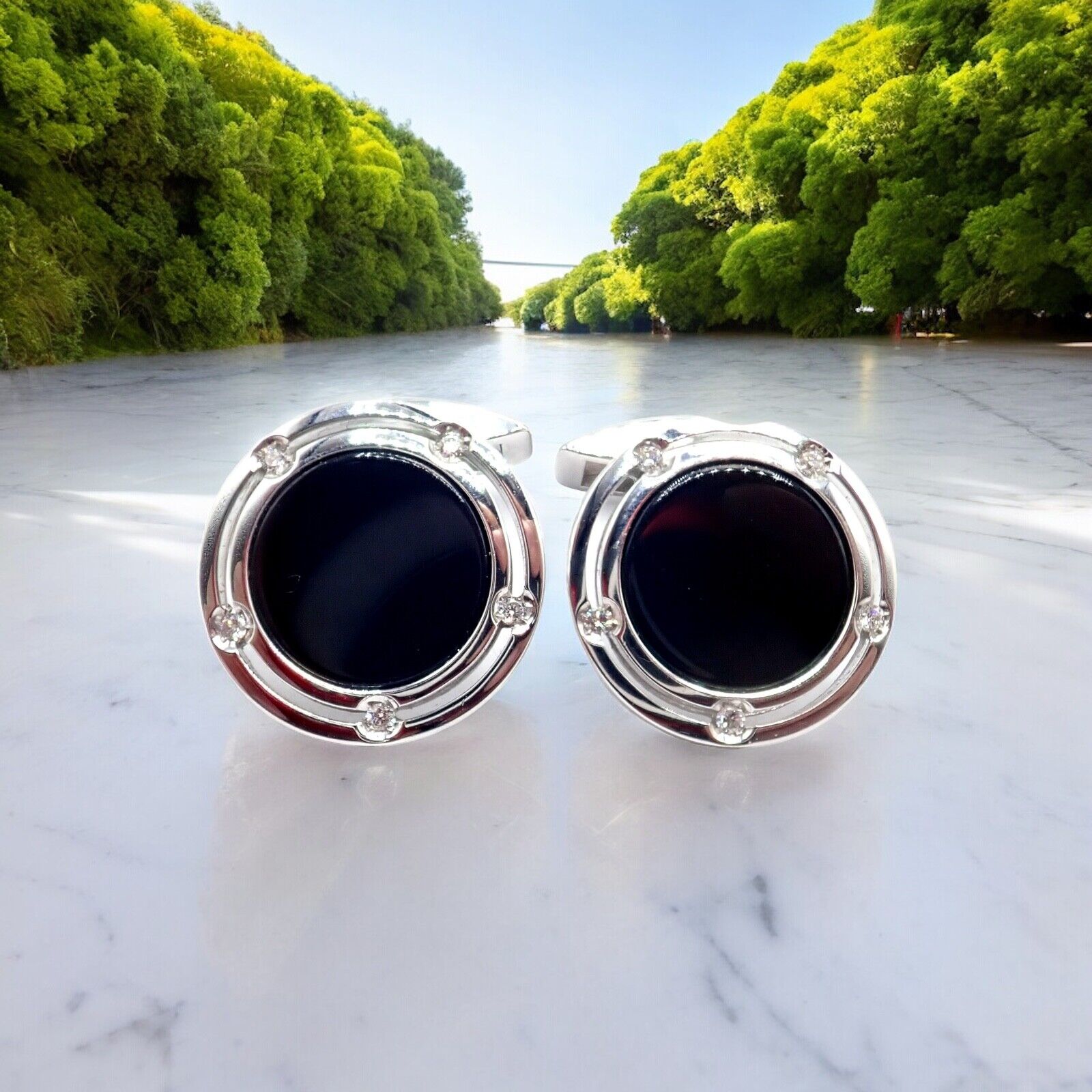 Authentic! Damiani Brad Pitt 18k White Gold Diamond Black Onyx Cufflinks | Fortrove