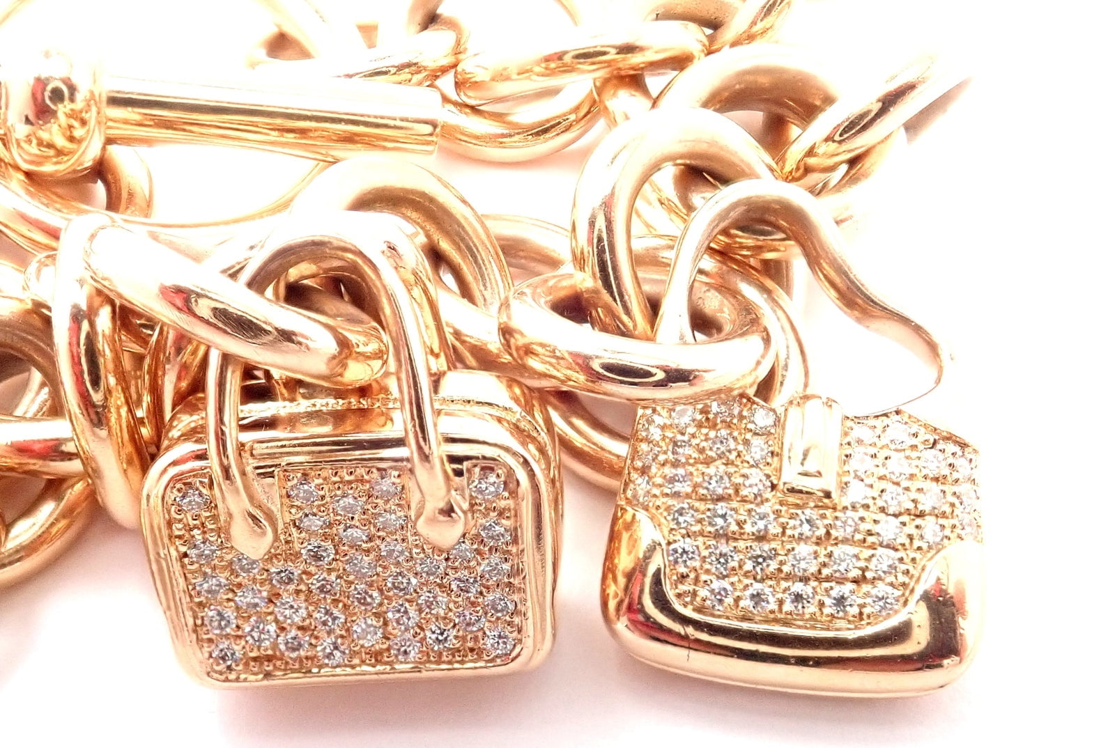 Hermes Jewelry & Watches:Fine Jewelry:Bracelets & Charms Authentic! Hermes 18k Rose Gold Diamond Signature Iconic Bag Charm Link Bracelet