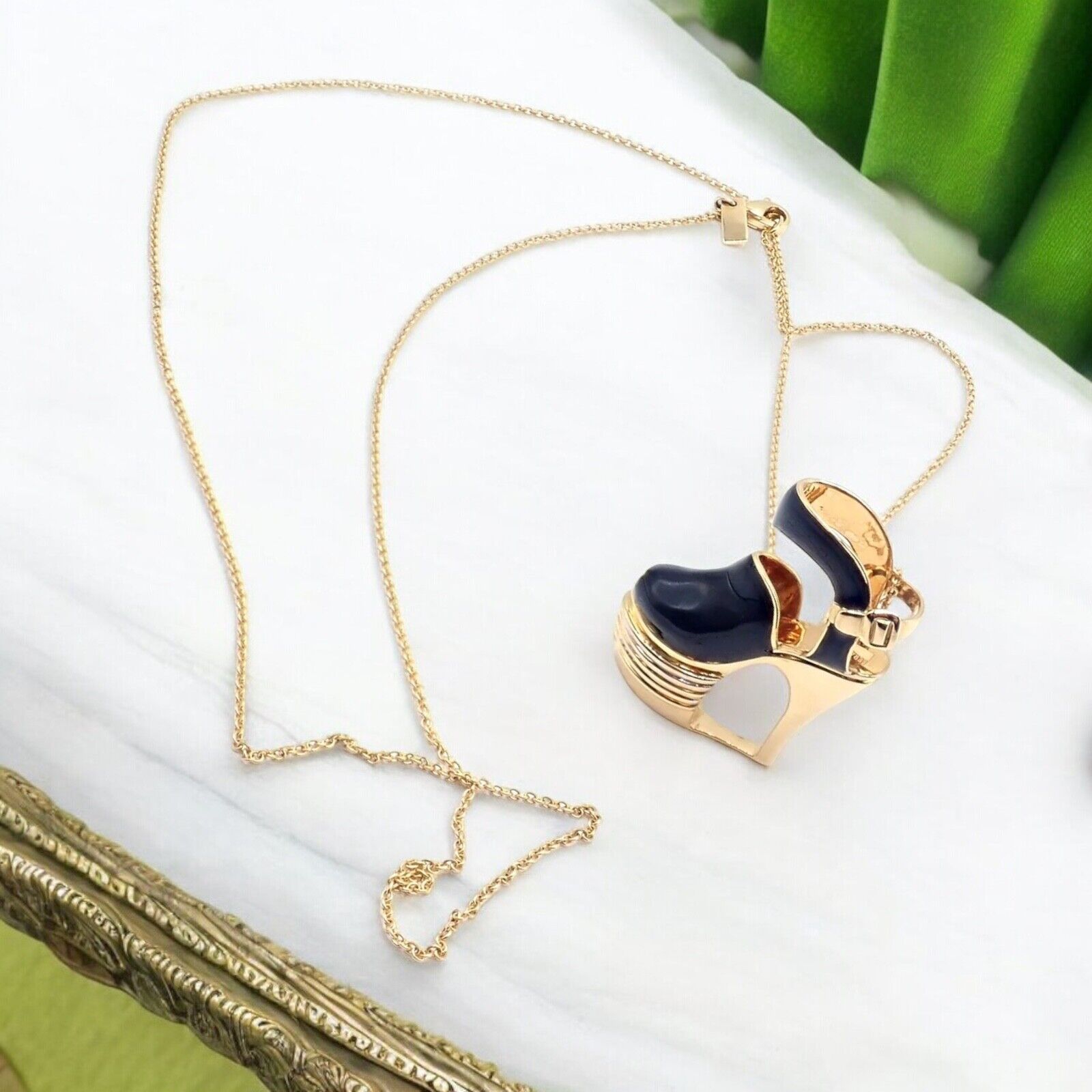 Authentic! Salvatore Ferragamo 18K Yellow Gold Enamel Shoe Pendant Necklace | Fortrove