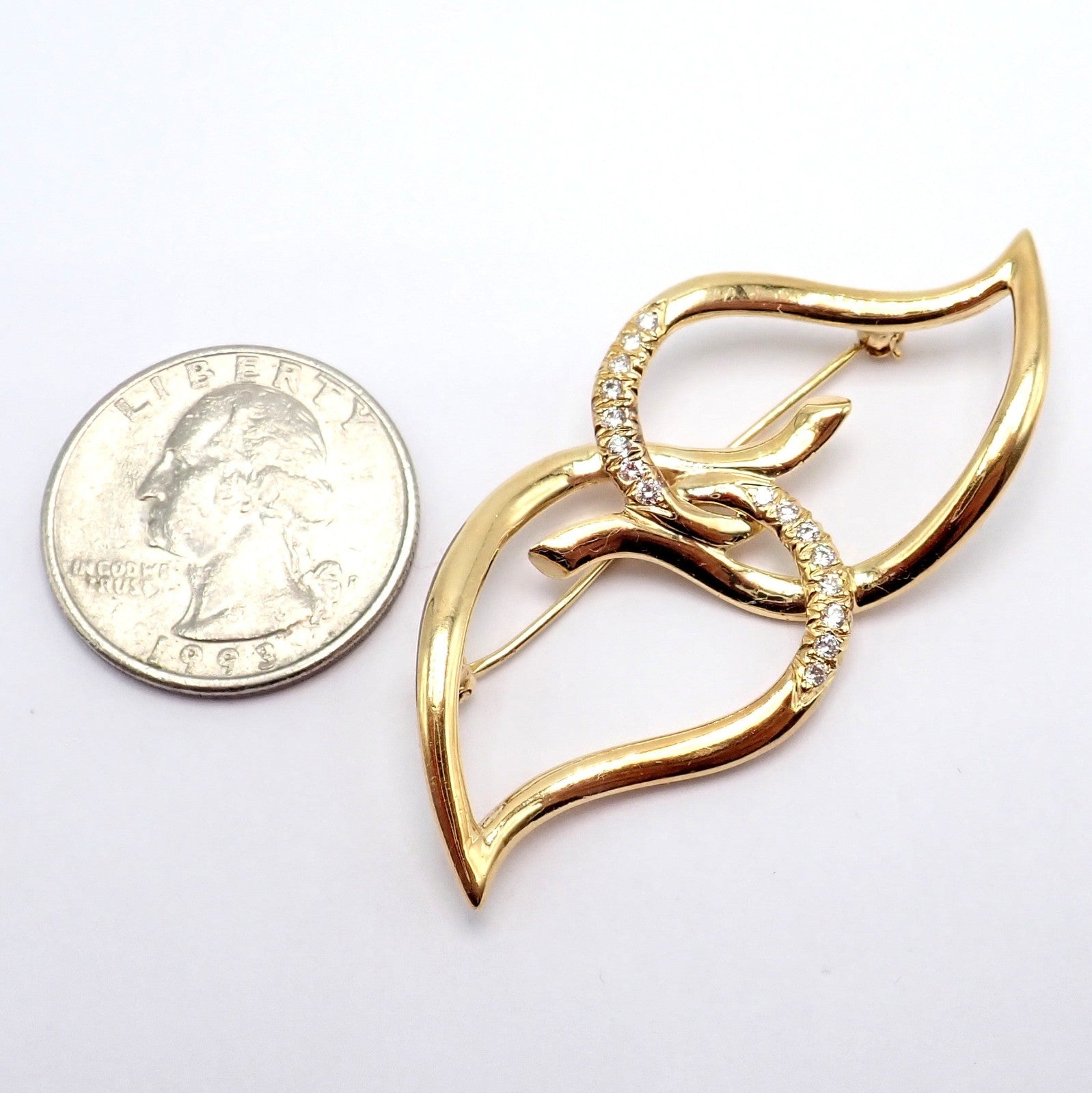 Authentic! Tiffany & Co 18k Yellow Gold Diamond Two Leaf Twin Brooch Pin 1987 | Fortrove