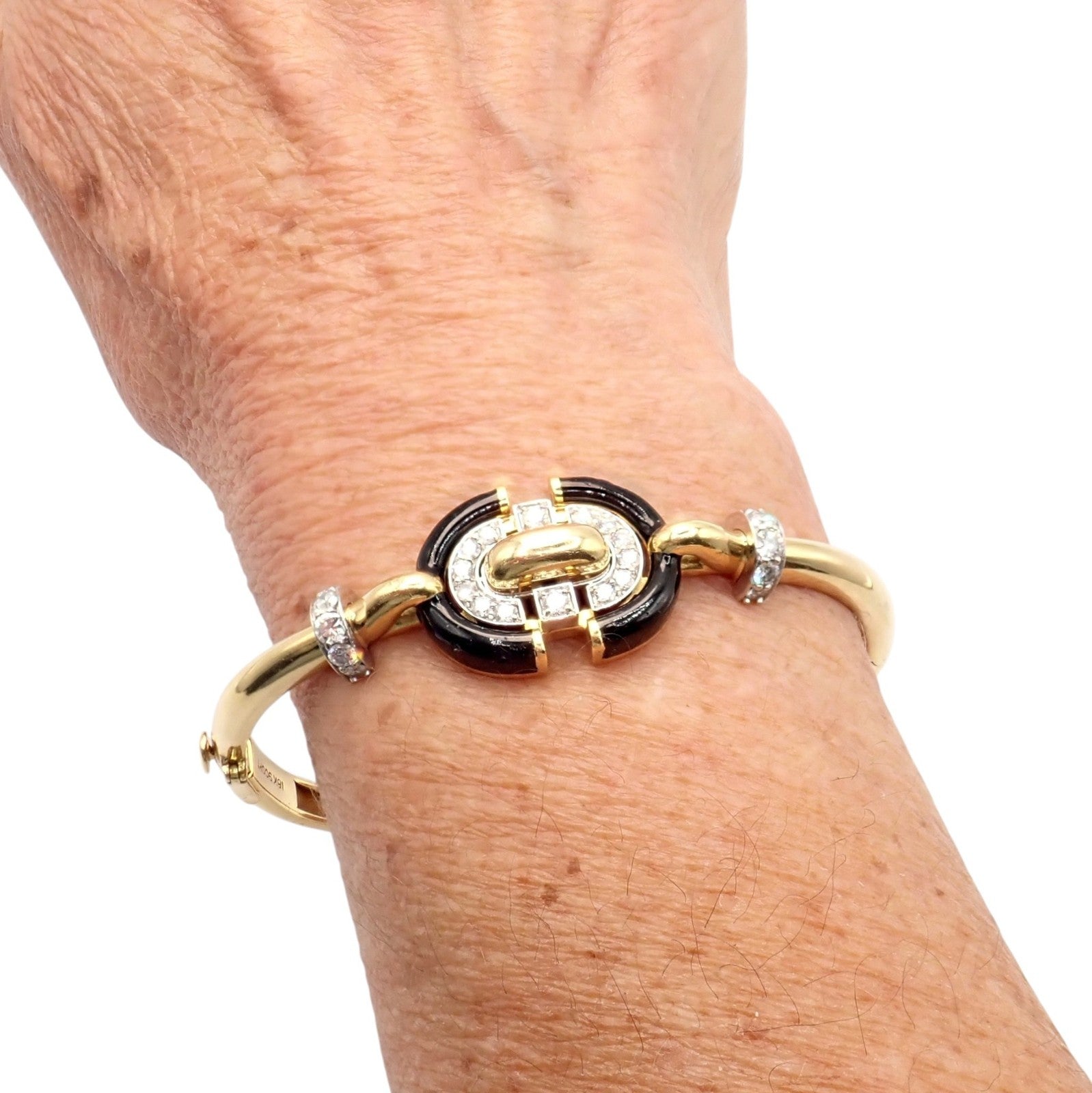 Authentic! Vintage David Webb 18k Gold & Platinum Diamond Enamel Bangle Bracelet | Fortrove