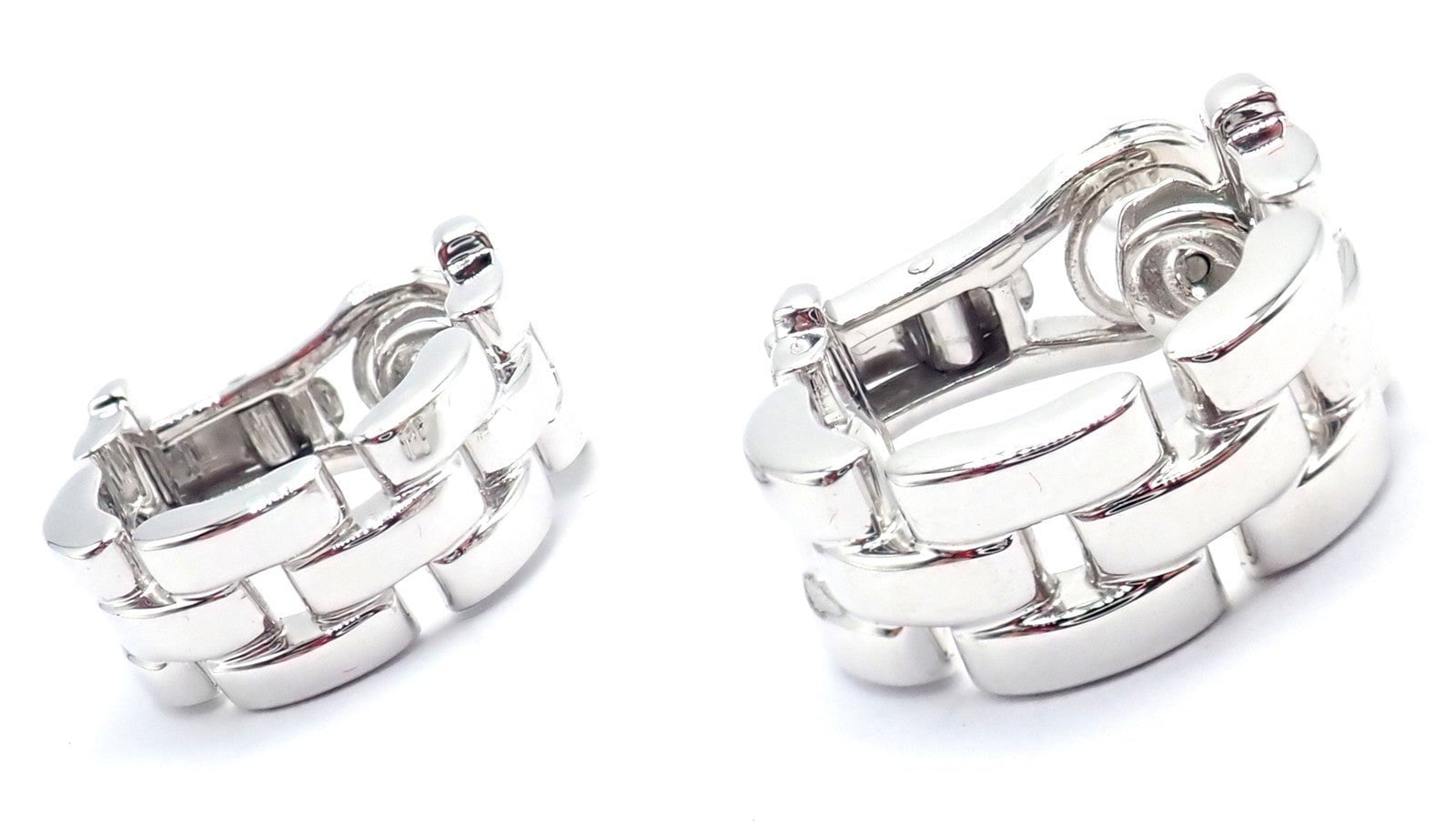 Authentic! Cartier Maillon Panthere 18K White Gold Three Row Link Hoop Earrings | Fortrove