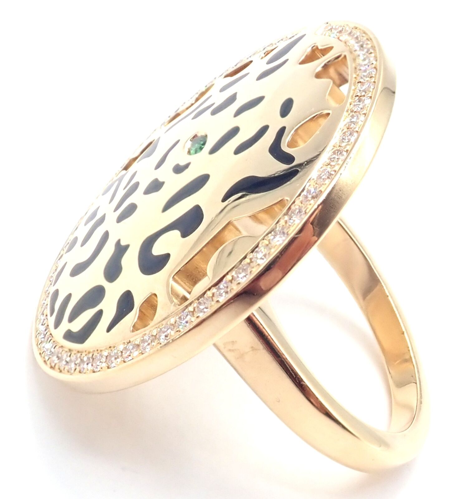 Authentic! Cartier Panther 18k Yellow Gold Diamond Lacquer Tsavorite Ring | Fortrove