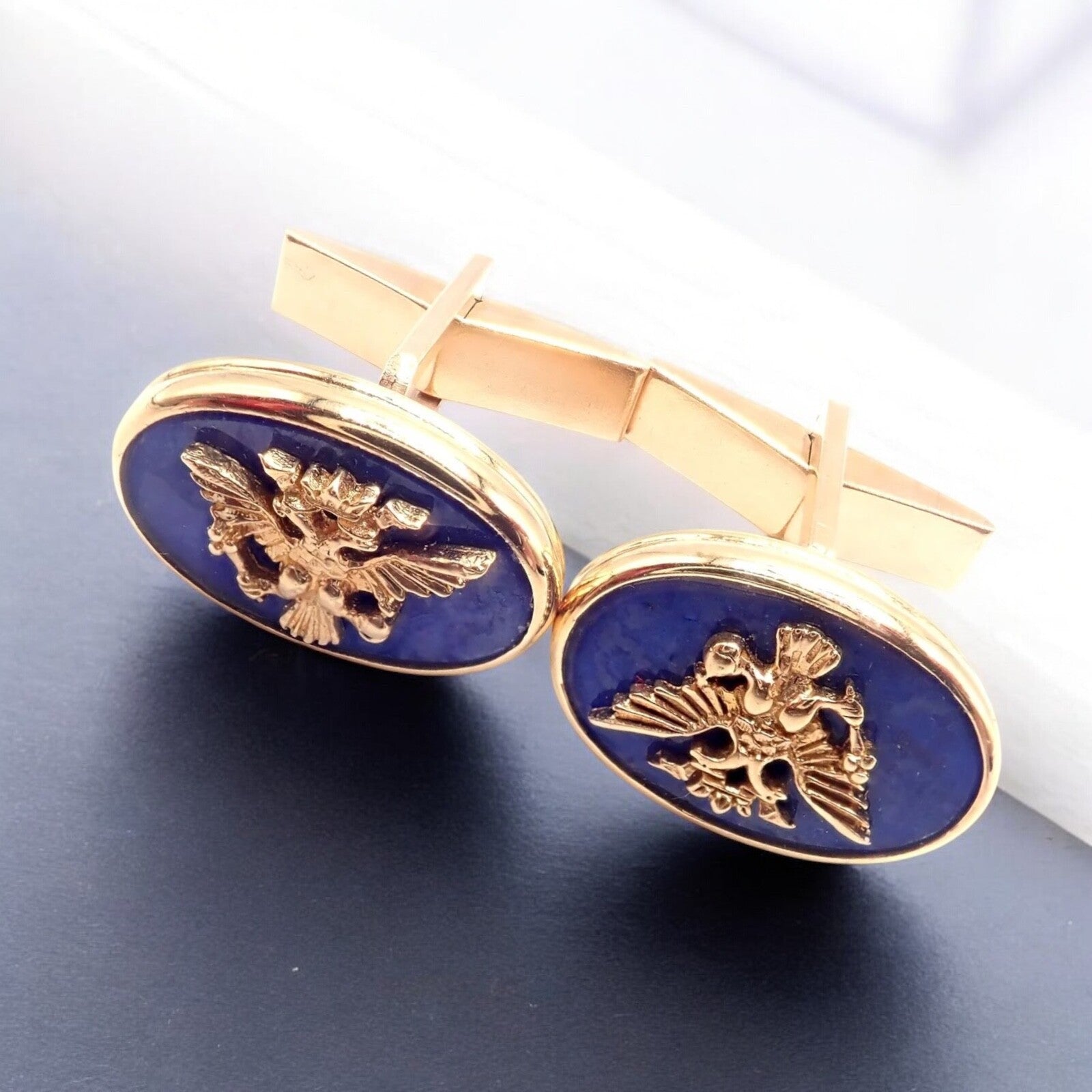 Authentic! Franklin Mint Faberge Imperial Eagle 14k Yellow Gold Lapis Cufflinks | Fortrove