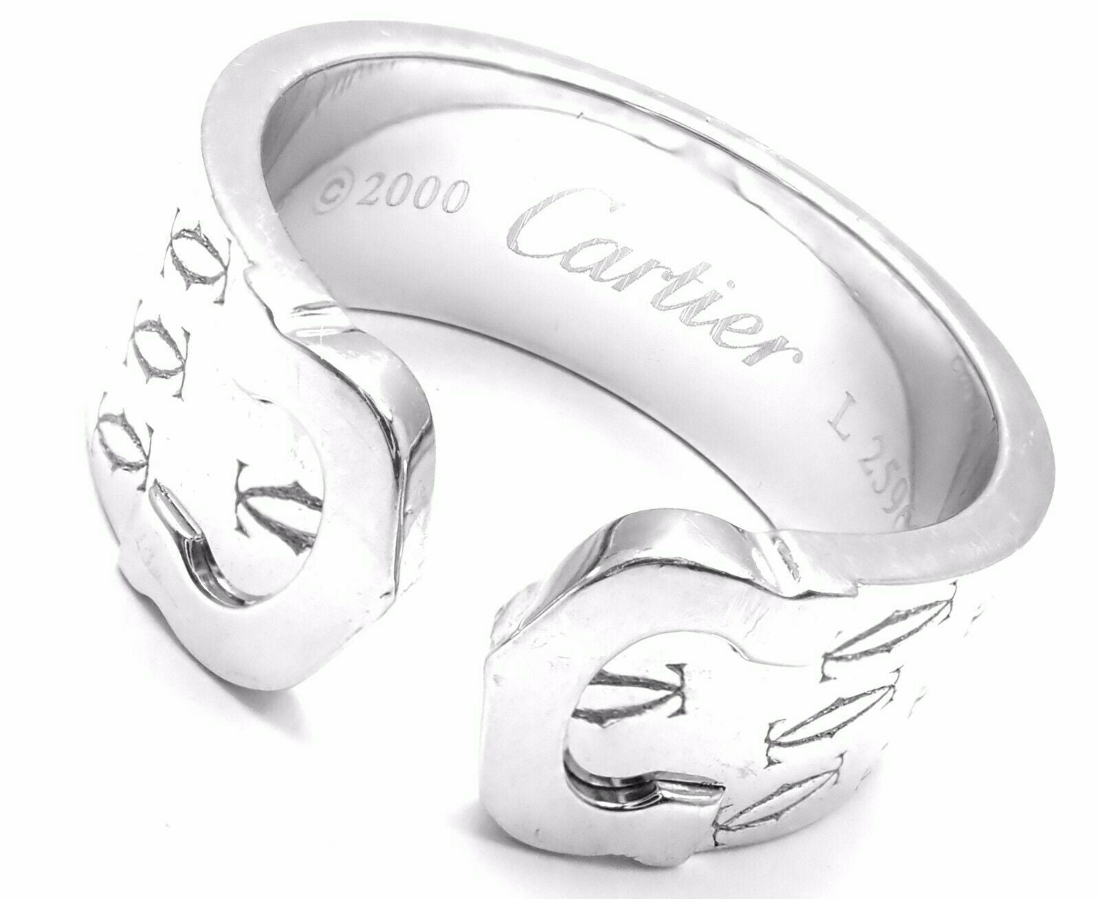 Authentic! Cartier Logo 18k White Gold Double C Motif Monogram Band Ring Sz 6.25 | Fortrove