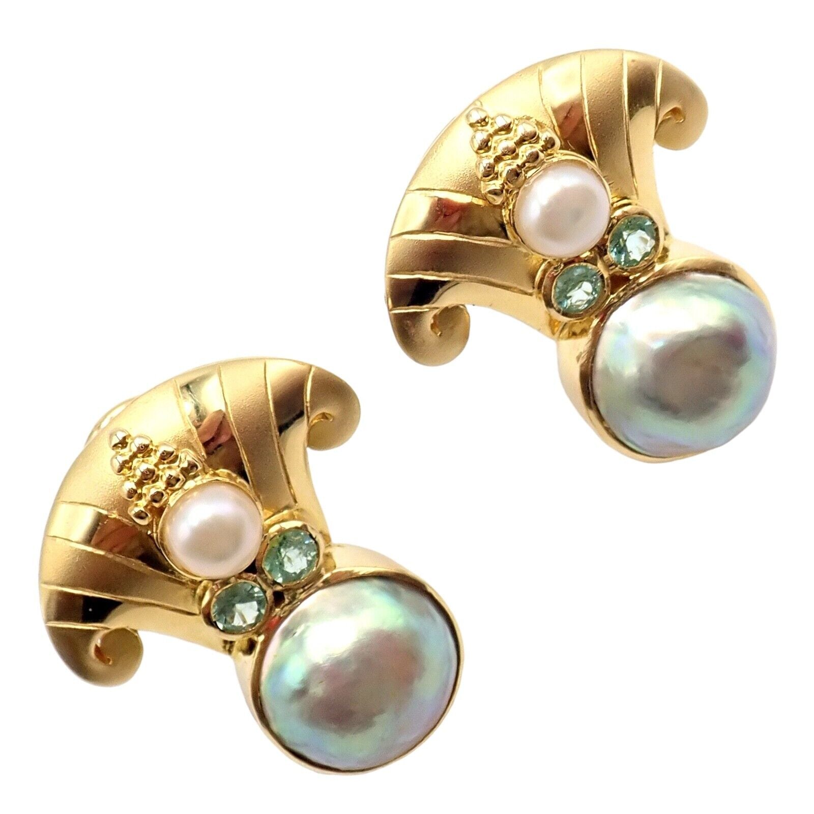 Rare! Vintage Paula Crevoshay 18k Gold Abalone Pearl Blue Gemstone Earrings OOAK | Fortrove