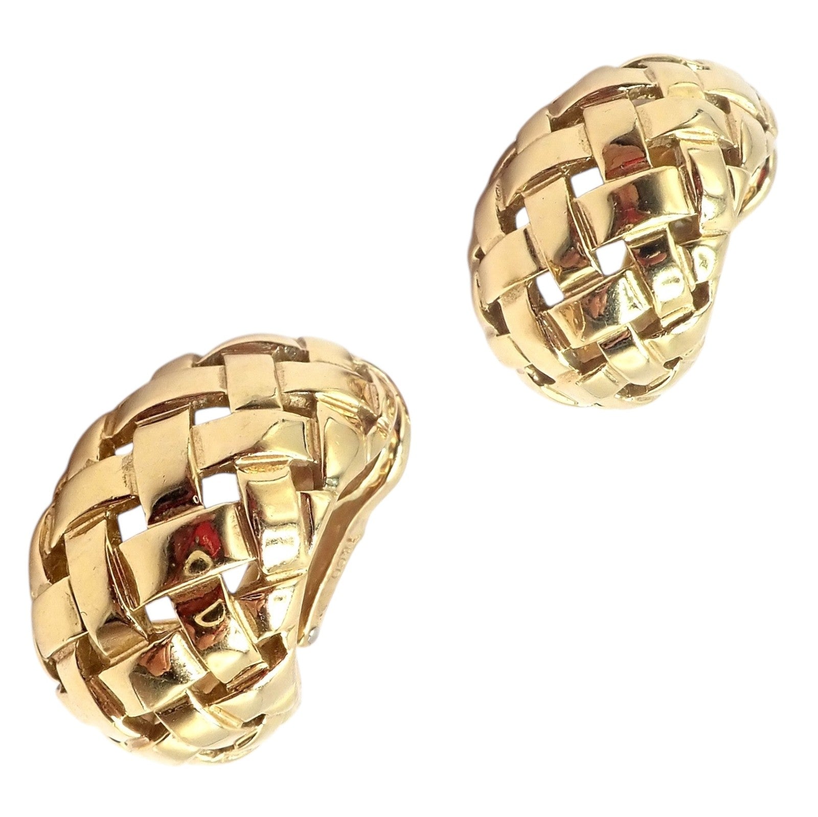 Authentic! Tiffany & Co 18k Yellow Gold Vannerie Basket Weave Earrings 1989 | Fortrove