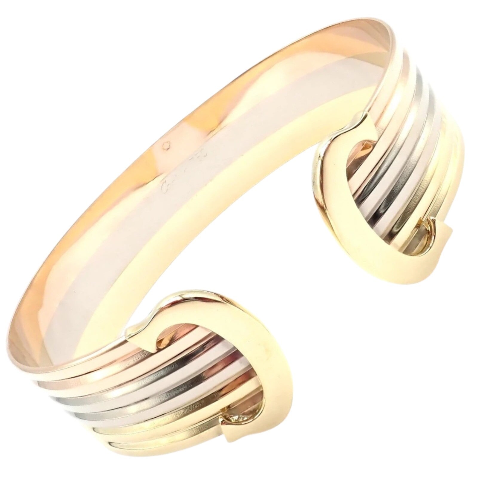 Authentic! Cartier 18k Tri-Color Gold Double C Wide Cuff Bangle Bracelet | Fortrove