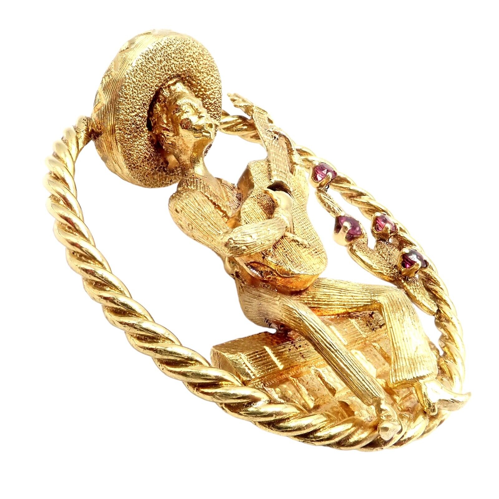 Authentic! Rudi Cherny 18k Yellow Gold Guitar Player Cactus Ruby Pendant | Fortrove