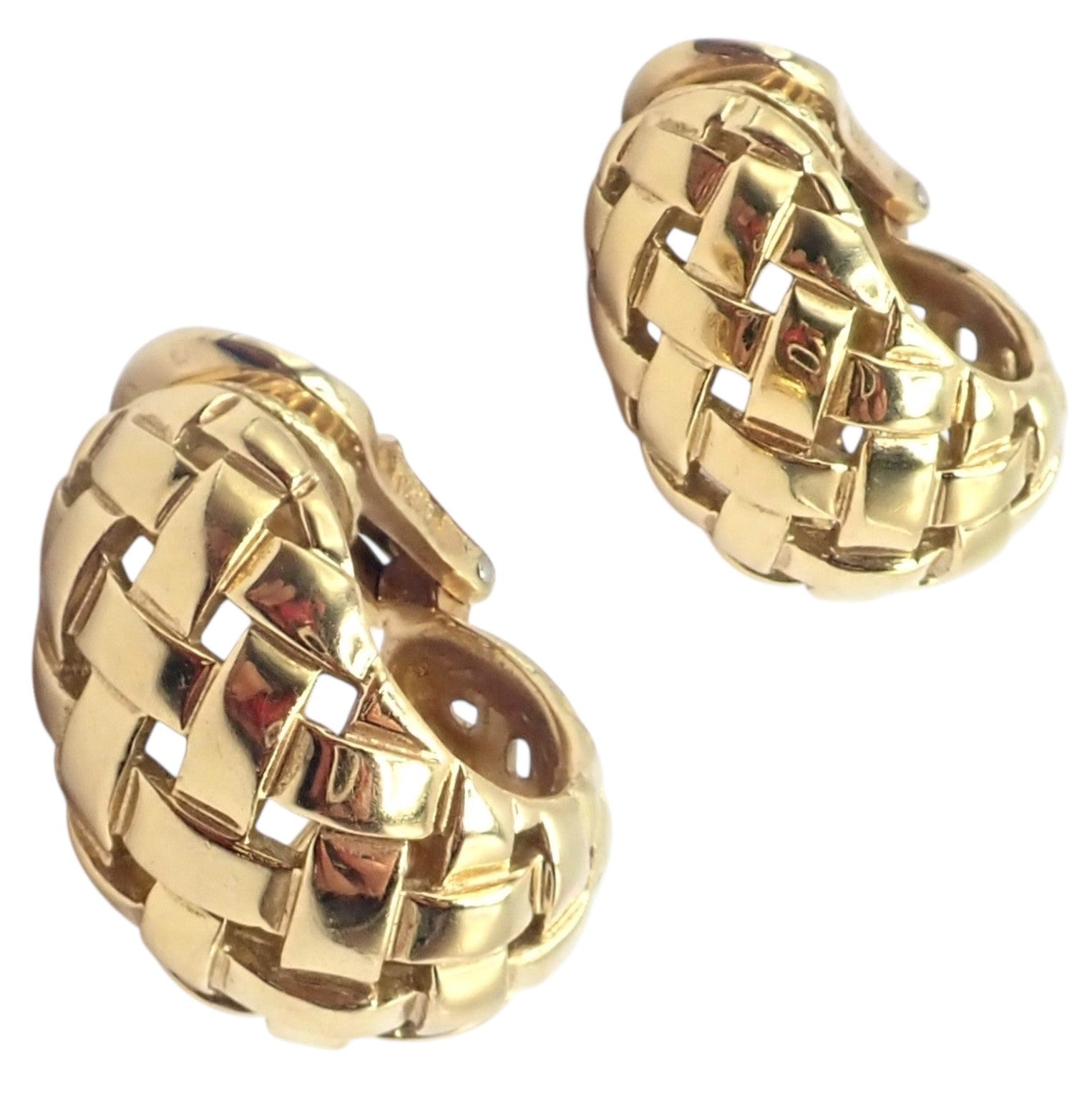 Authentic! Tiffany & Co 18k Yellow Gold Vannerie Basket Weave Earrings 1989 | Fortrove