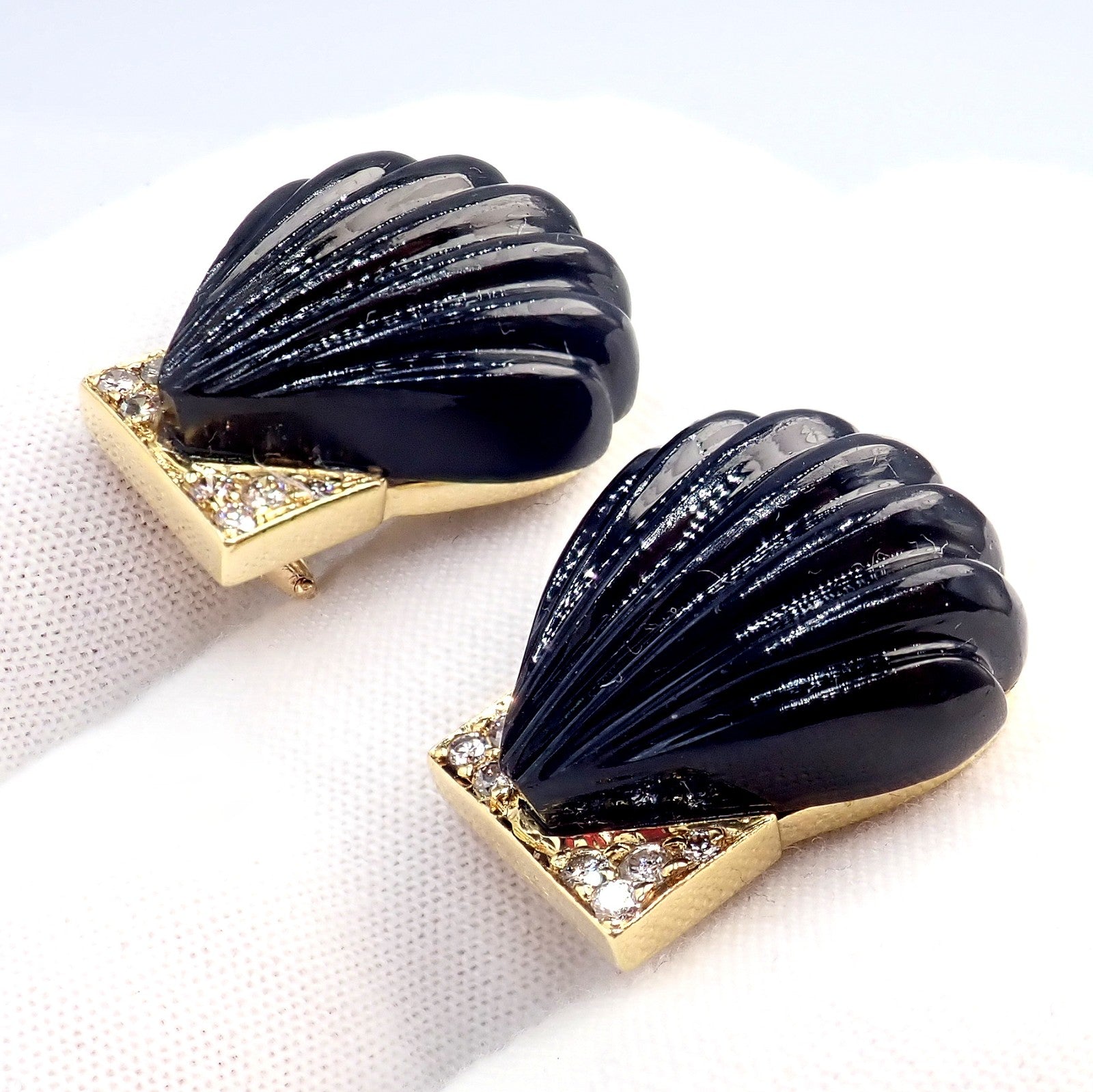 Vintage Estate Cartier Yellow Gold Diamond Onyx Shell Earrings | Fortrove