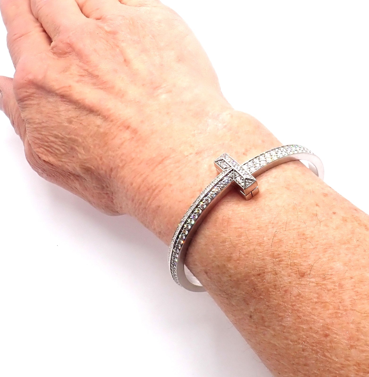 Authentic! Tiffany & Co 18k White Gold Diamond T1 Wide Hinged Bangle Bracelet | Fortrove