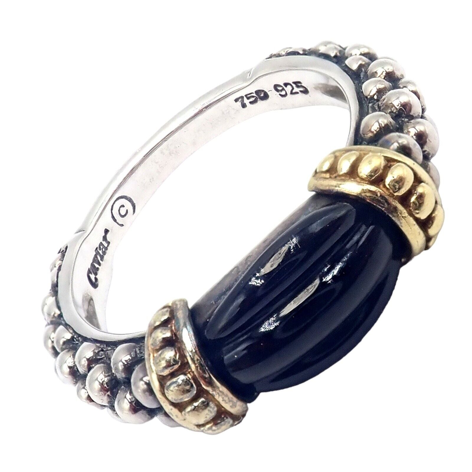 Authentic! Lagos Caviar Silver + 18k Yellow Gold Onyx Ring sz 5.5 | Fortrove
