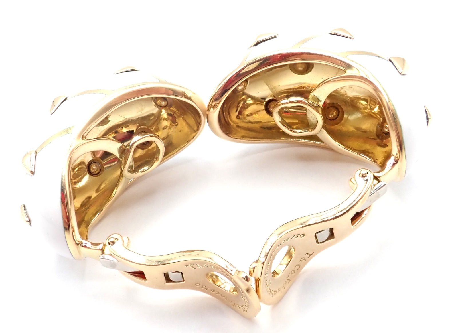 Tiffany & Co Schlumberger Dot Losange 18k Yellow Gold White Enamel Hoop Earrings | Fortrove