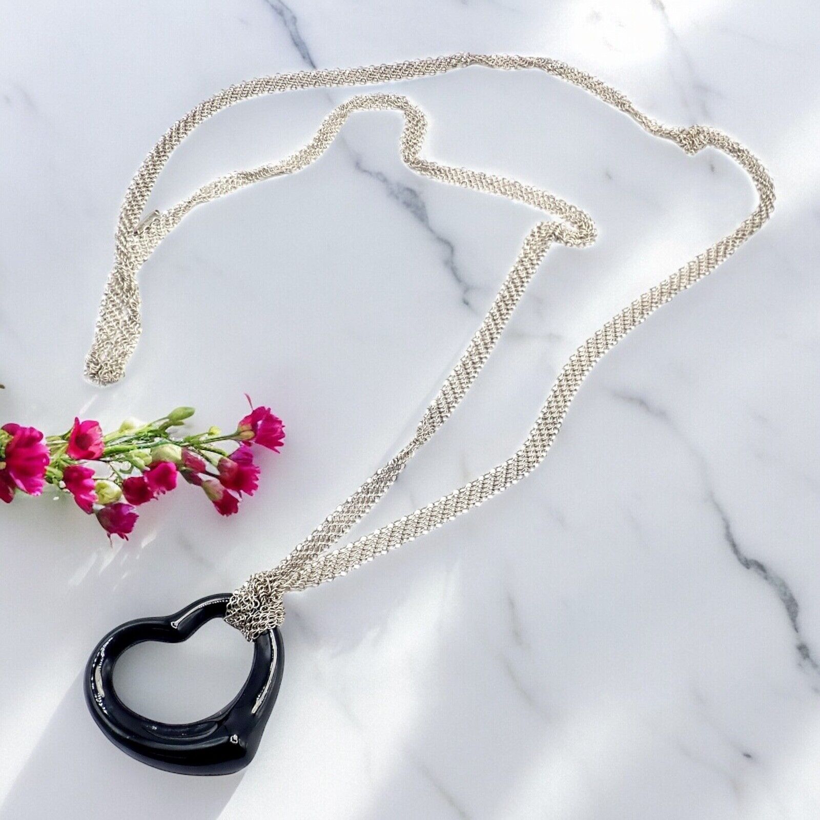 Tiffany & Co Silver Peretti 35mm Large Open Onyx Heart Pendant 28" Mesh Necklace | Fortrove