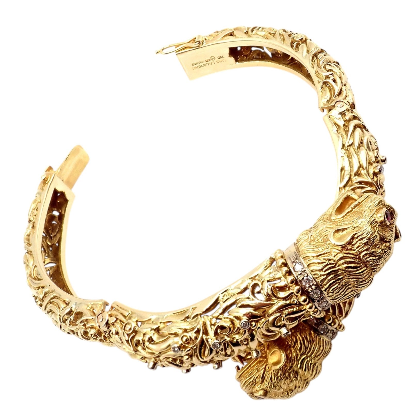 Rare Ilias Lalaounis 18k Yellow Gold Double Chimera Diamond Ruby Bangle Bracelet | Fortrove