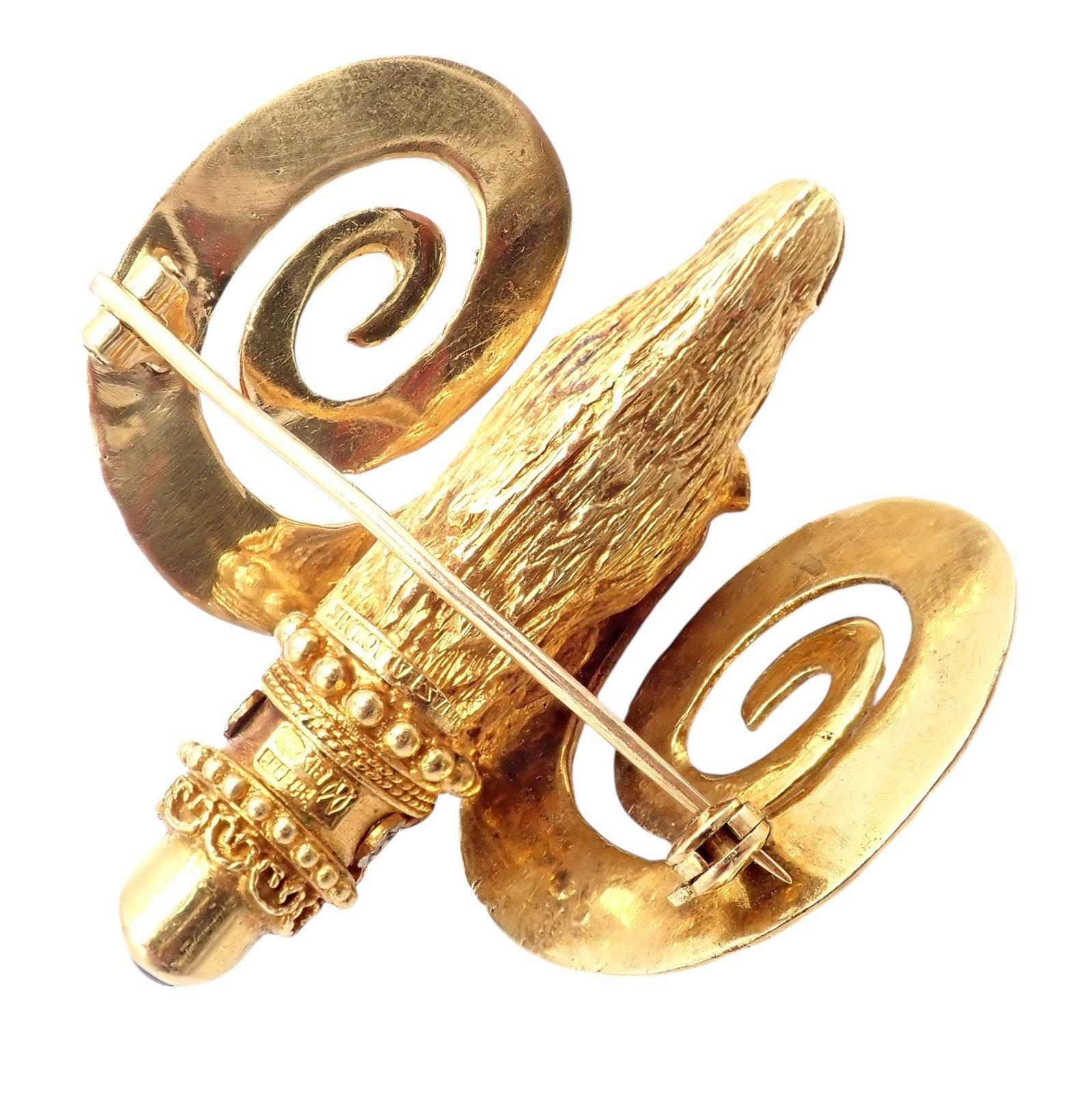 Rare Ilias Lalaounis 18k Yellow Gold Ram Ares Diamond Ruby Sapphire Large Brooch | Fortrove