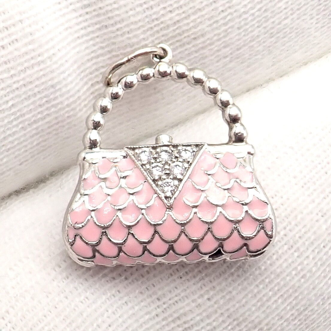 Tiffany & Co. Platinum Pink Enamel Diamond Handbag Purse Bag Charm Pendant | Fortrove