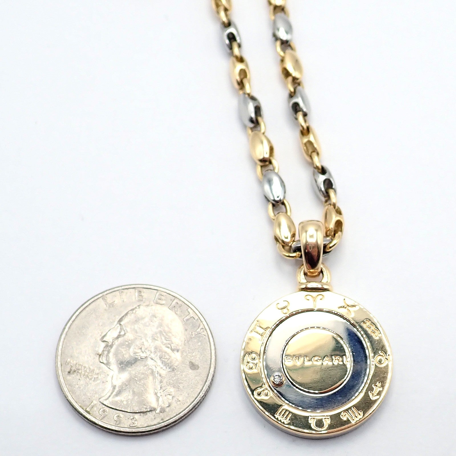 Authentic! Bulgari Bvlgari 18k Yellow Gold Steel Diamond Zodiac Pendant Necklace | Fortrove