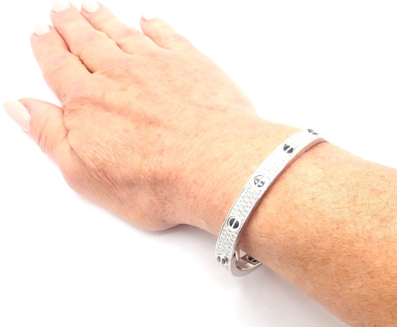 Authentic! Cartier Love 18k White Gold Diamond Pave Ceramic Bracelet Sz 18 Paper | Fortrove