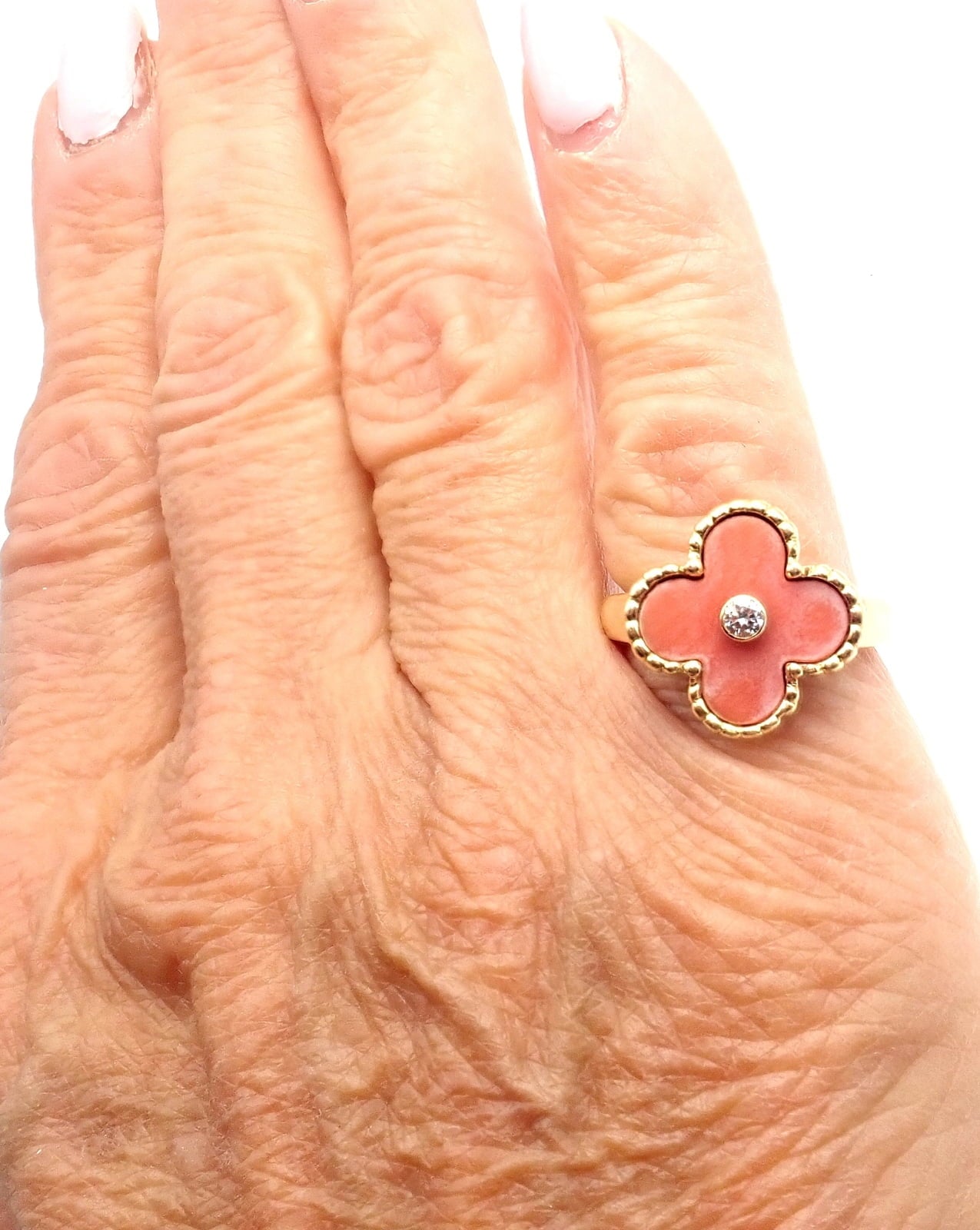 Van Cleef & Arpels Jewelry & Watches:Fine Jewelry:Rings Authentic! Van Cleef & Arpels Alhambra 18k Yellow Gold Coral Diamond Ring Paper