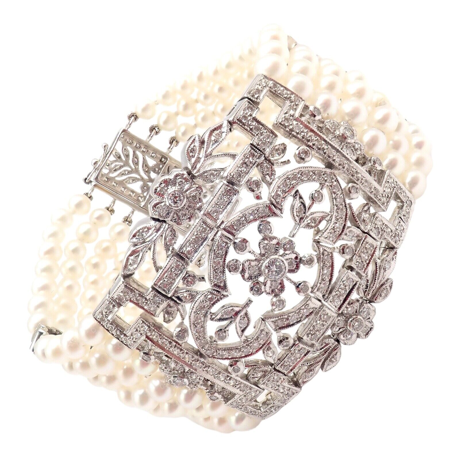 Vintage Estate 18k White Gold Diamond 7 Row 4.5mm Pearl Bracelet | Fortrove
