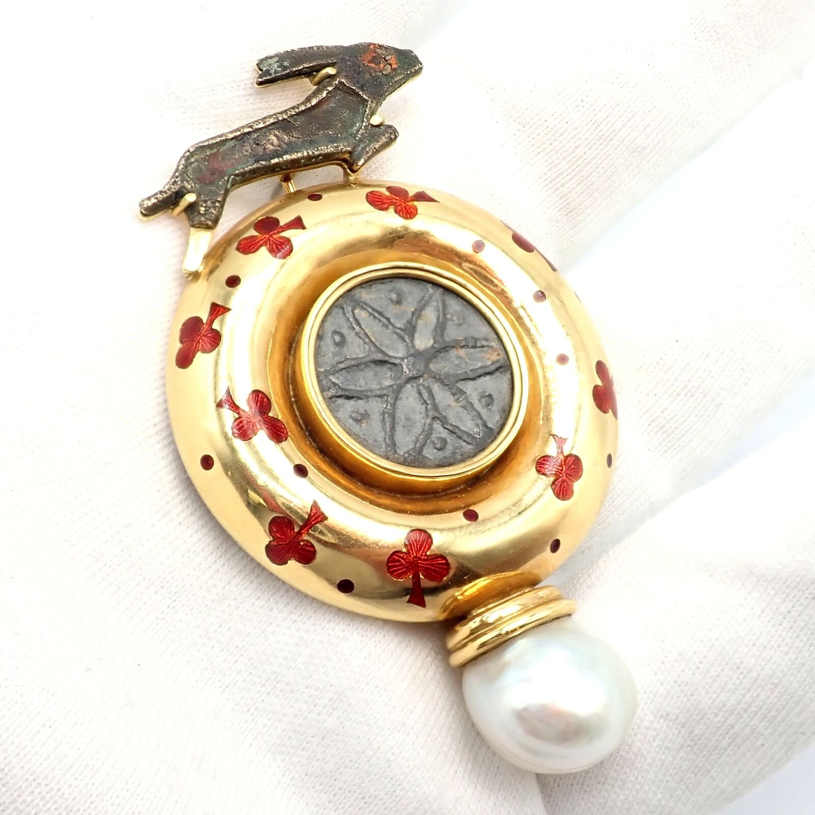Vintage Elizabeth Gage 18k Yellow Gold Pearl Ancient Coin Enamel Hare Pin Brooch | Fortrove