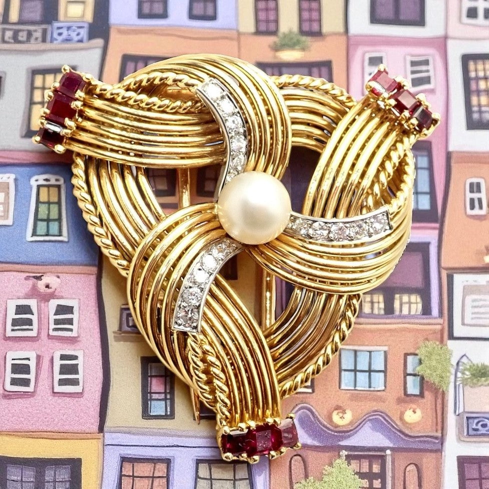 Vintage Cartier 18k Yellow Gold Diamond Ruby Pearl Pin Brooch 1960s | Fortrove