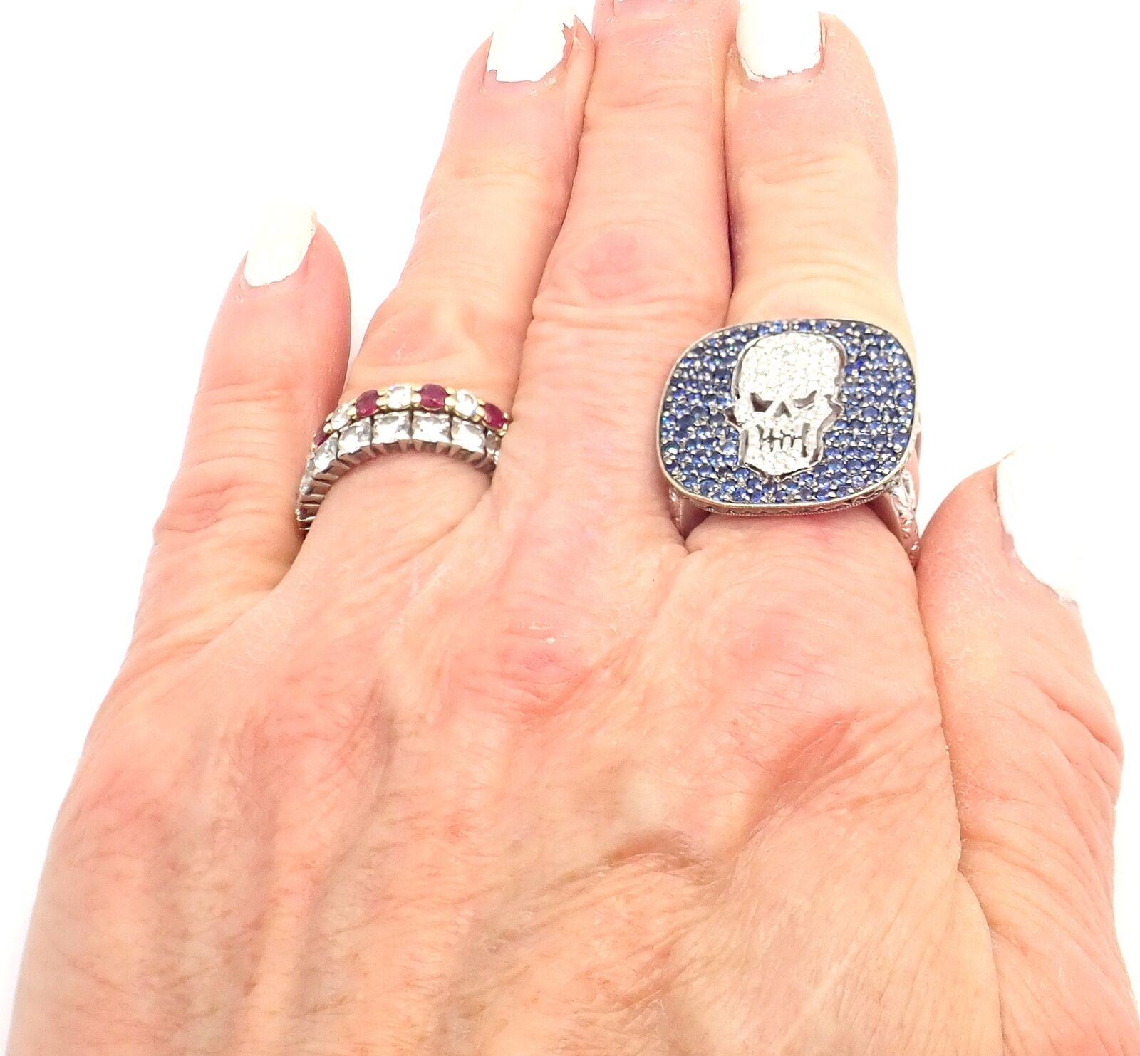 Authentic! Loree Rodkin 18k White Gold Diamond Sapphire Skull Ring Paper Box | Fortrove