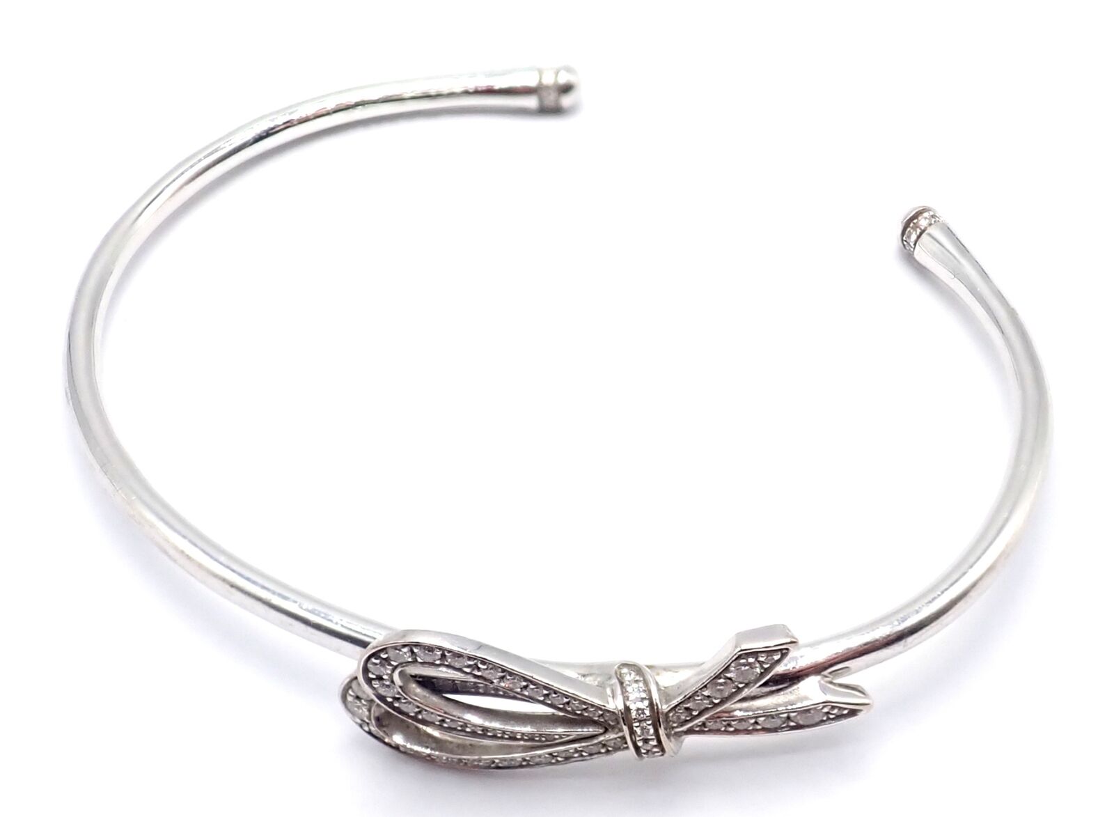 Authentic! Tiffany & Co 18k White Gold Diamond Bow Ribbon Bangle Cuff Bracelet | Fortrove