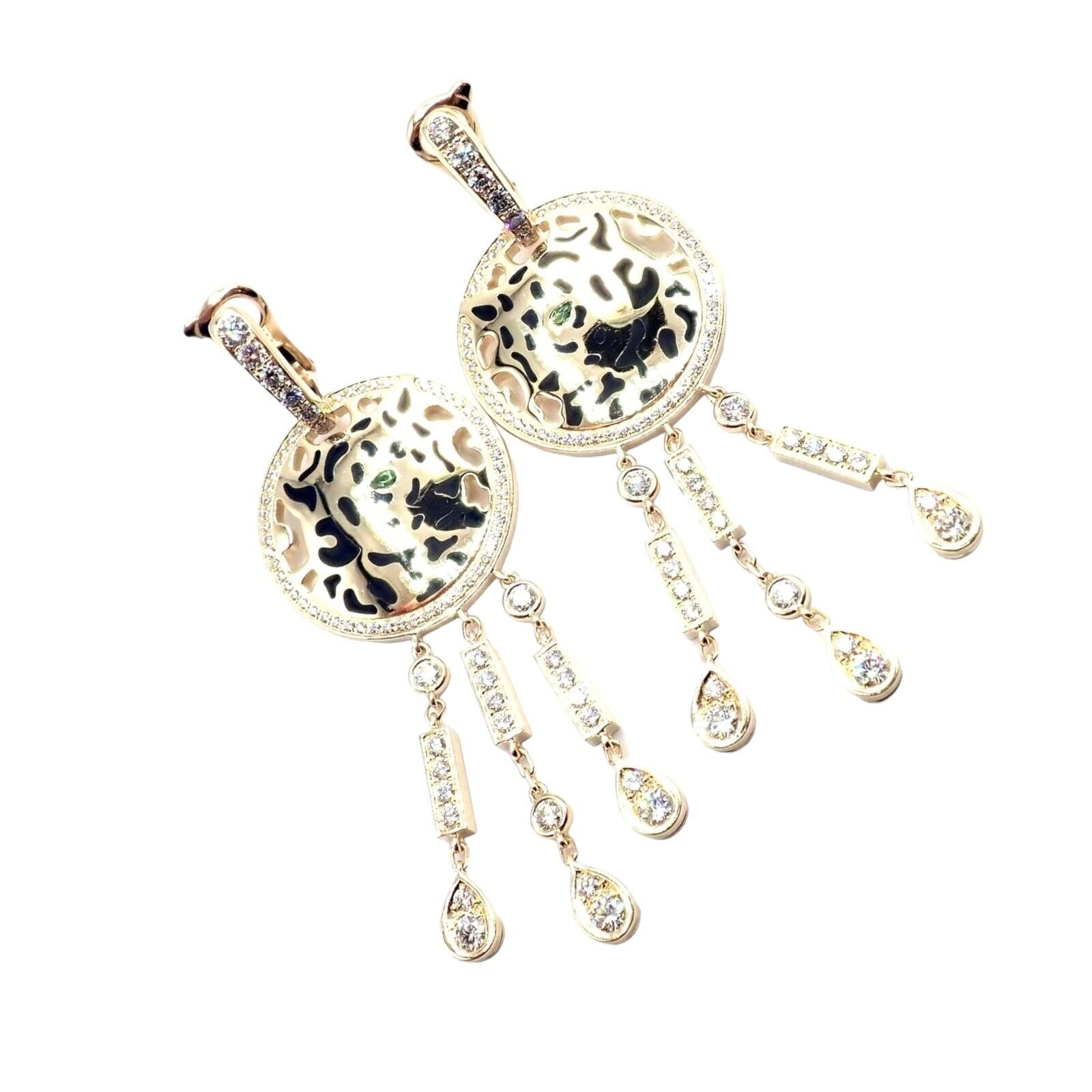 Authentic! Cartier Panther 18k Yellow Gold Diamond Lacquer Tsavorite Earrings | Fortrove