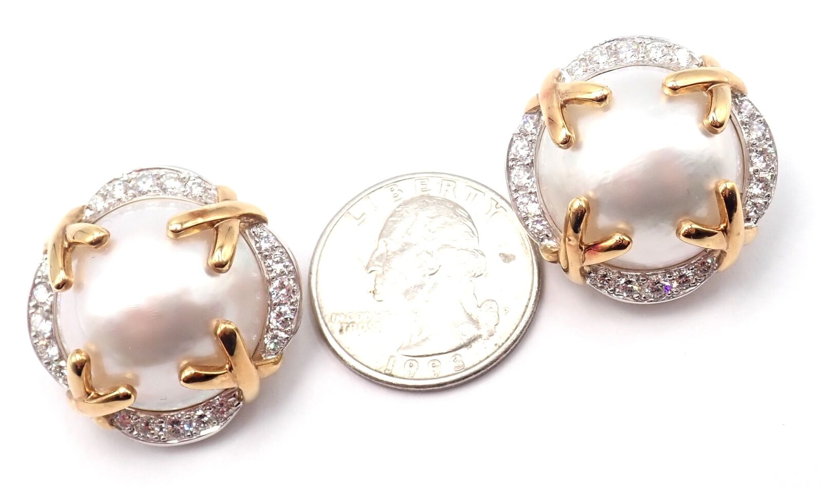 Authentic! Vintage Verdura 18k Yellow Gold Mabe Pearl Diamond Large Earrings | Fortrove