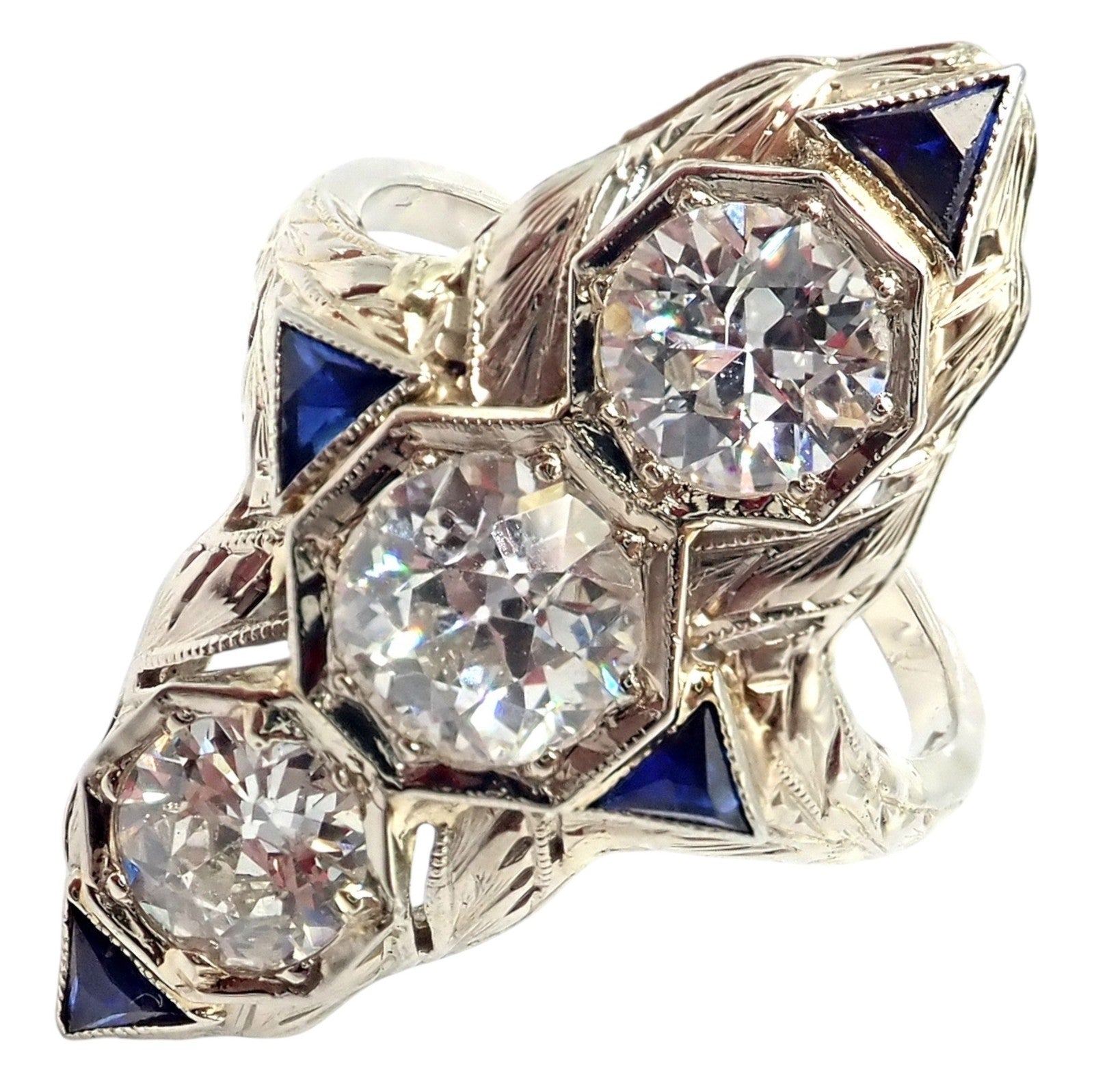 Vintage Estate 20k White Gold Diamond 2ctw Sapphire Art Deco Ring sz 7 | Fortrove