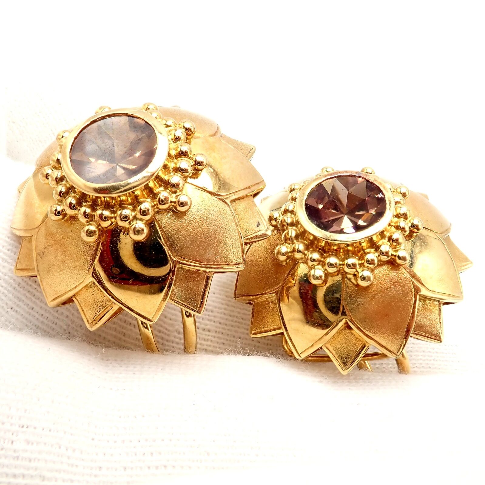 Rare! Vintage Paula Crevoshay 18k Gold Brown Zircon Round Flower Earrings OOAK | Fortrove